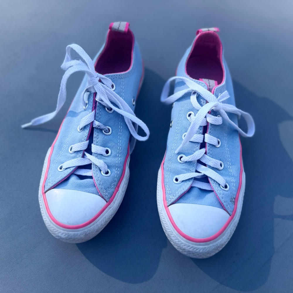 Converse Kids Light Blue Canvas Sneakers with Pink Trim